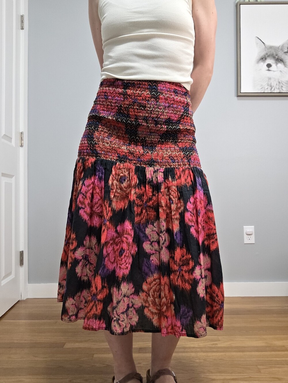 FARM Rio Floral Smocked Midi Skirt XS